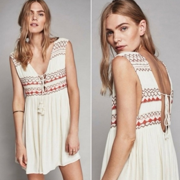 Free People Embroidered Ivory Mini Dress Boho XS Sleeveless Tank - Picture 1 of 9